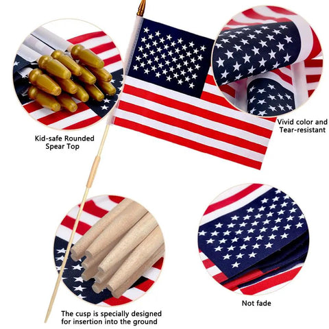 12 Pack 12x18 Inch American Flags For Outdoors With Grounded Multi Purpose Flagpole And Handheld Options showcasing spear top, vivid colors, ground cusp.