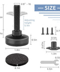 Beefy Three Eighths Inch Sixteen Thread Adjustable Leveling Feet Furniture Levelers with screws and measuring details.