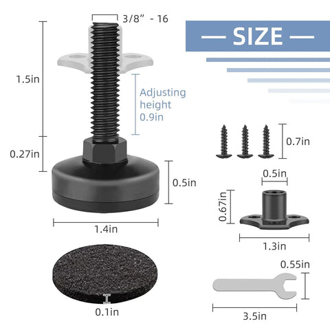 Beefy Three Eighths Inch Sixteen Thread Adjustable Leveling Feet Furniture Levelers with screws and measuring details.