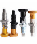 Heavy Duty Stainless Steel Indexing Pins And Self Locking Plungers With Coarse Thread Nuts In M6 M8 M10 M12 Sizes Plus Black Knobs for various workshop jigs.