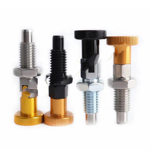 Heavy Duty Stainless Steel Indexing Pins And Self Locking Plungers With Coarse Thread Nuts In M6 M8 M10 M12 Sizes Plus Black Knobs for various workshop jigs.