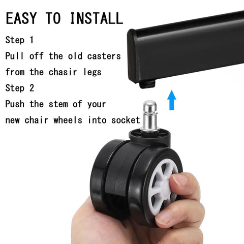 Installation instructions for Heavy Duty Dual Roller Office Chair Casters Rolls Smooth And Quiet On Hardwood Floors Universal Replacement Wheels.