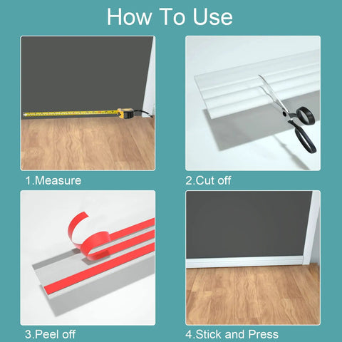 Peel And Stick Baseboard Molding Trim 4 Inch Wide Sixteen Point Four Feet Long Vinyl Wall Baseboard Molding installation steps.