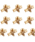 10-Pack PEX Drop-Ear Tee Fittings Three Quarters Inch by Three Quarters Inch by One Half Inch Female NPT Brass Crimp Fits All PEX Brands Clamp and Copper Ring Compatible ASTM F1807 NSF Certified showing brass construction drop-ear tees