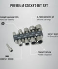 Genuine 9-Piece Drive Socket Set Made From Heavy Duty Chrome Vanadium Steel Bits Perfect For Impact Drivers And Drills To Handle High Torque Automotive Repairs Plus Appliance Maintenance With Durable Black Finish That Stays Tough Through Rough Jobs., 9-piece chrome vanadium socket bit set with sizes 5mm to 15mm