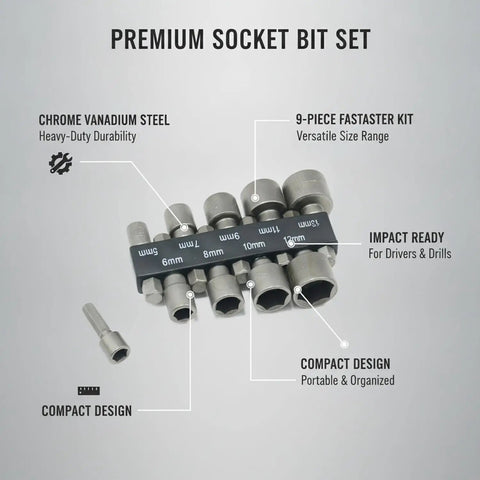 Genuine 9-Piece Drive Socket Set Made From Heavy Duty Chrome Vanadium Steel Bits Perfect For Impact Drivers And Drills To Handle High Torque Automotive Repairs Plus Appliance Maintenance With Durable Black Finish That Stays Tough Through Rough Jobs., 9-piece chrome vanadium socket bit set with sizes 5mm to 15mm