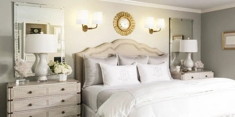 Bedroom with two Industrial Battery Powered Wall Sconce With Two Light LED Fixture, Flared Funnel White Fabric Shade, above nightstands.