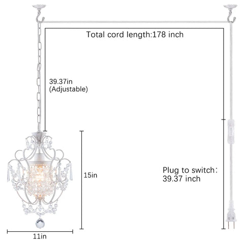 Dimensions of Plug In Mini Crystal Chandelier, White Retro Ceiling Light; 11x15 inch size, 39.37 inch chain length, adjustable.