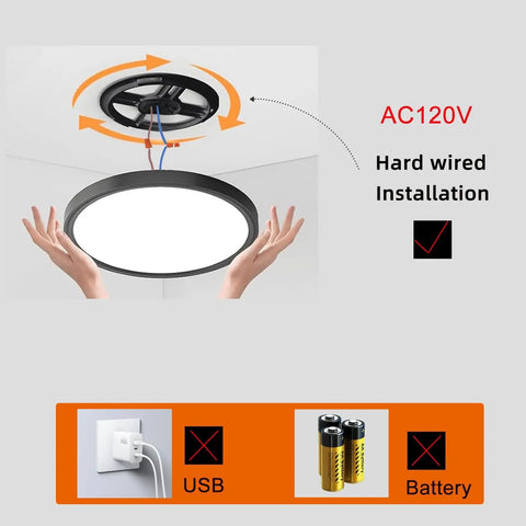 12 Inch Dope Motion Sensor Ceiling Light LED Flush Mount For Indoor Use, black finish, showing hard-wired installation setup.