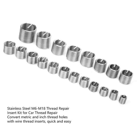 Stainless Steel Thread Repair Kit With M6 To M18 Inserts For Stripped Threads shown in varying sizes