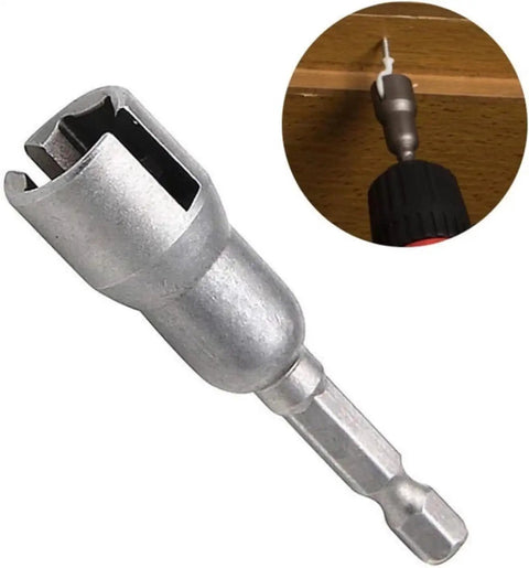 No Sweat Wing Nut Driver Drill Bit Socket Tool With Quarter Inch Hex Shank for Power Drills, showcasing metal socket and drill.
