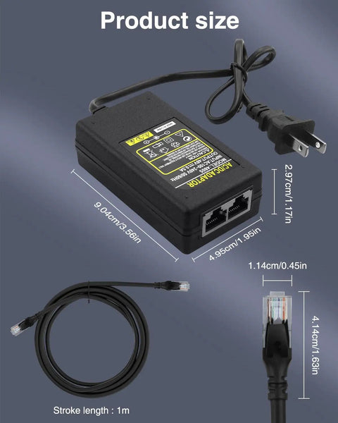 Power Over Ethernet Injector 48V 24W Supply for Cameras, IP Phones, Switches - Gigabit Ethernet, IEEE 802.3at/af, RJ45 Compliant, 10/100/1000 Mbps, Overload Protected, Plug N Play, Includes 3ft Cat6 Cable, size shown