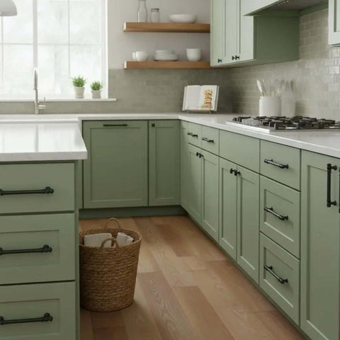 Heavy Duty Matte Black Cabinet Pulls And Handles 10 Pack With 3 Inch Hole Centers For Kitchen Drawers And Cupboards displayed in a modern kitchen.