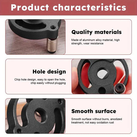 Close-up of Dead Straight Self Centering Doweling Jig Badass Accuracy Handheld Drill Guide showing aluminum alloy material and hole design.