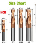 Six-piece, 2-flute carbide end mill set shown on size chart (1/8-1/2 in) with square nose, upcut.