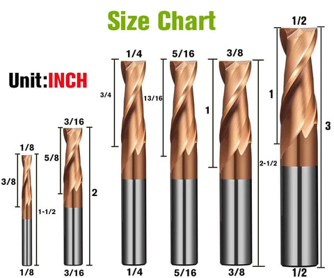 Six-piece, 2-flute carbide end mill set shown on size chart (1/8-1/2 in) with square nose, upcut.