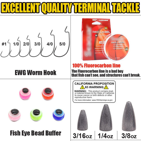 Texas Rig Bass Fishing Leaders Kit With Weights Hooks And Rigged Line For Weedless Texas Rig Setup Two Zero Hooks One Quarter Ounce Weight Five Pack components displayed.