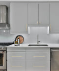 Modern kitchen with 10 Pack 5 Inch Hole Centers Brushed Brass Cabinet Handles Gold Finished Kitchen Cabinet Pulls on gray cabinets.