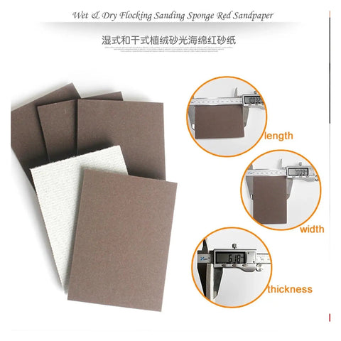 Top Grade 20Pcs Wet Dry Flocking Sanding Sponge Discs With Self Adhesive Backing And Dust Vent Holes For High Performance Auto Body Detailing Smooth Finish 300 To 1500 Grit Grading showing assorted red sponge sanding discs and caliper measuring dimensions.
