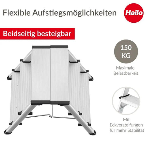 Two Sided Folding Step Ladder D60 Grab And Go Ready For A 330 Lb Capacity And Three Steps, Easy Reach In Kitchens, Garages, And Workshops, Lightweight Aluminum Build With Safe Deep Ribbed Steps, beidseitig besteigbar, 150 kg