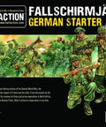 Box art of Fallschirmjager German Starter Army For Bolt Action 28mm WWII Tabletop Miniatures with infantry illustration.