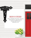 Heavy Duty Shed Door Hinges With Screws 2 Pack for Barn Doors and Outdoor Wood Gates next to a red door illustration