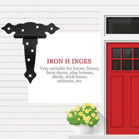 Heavy Duty Shed Door Hinges With Screws 2 Pack for Barn Doors and Outdoor Wood Gates next to a red door illustration