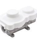Flame King 2-stage propane regulator; side view, white dual-cap top, gray mounting base