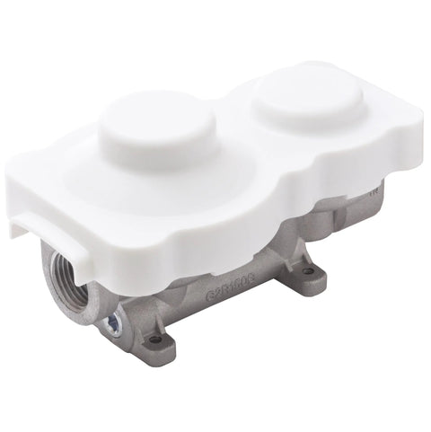 Flame King 2-stage propane regulator; side view, white dual-cap top, gray mounting base