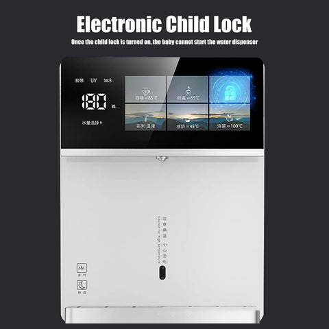 Wall Mounted Instant Heat Office Water Cooler With Touch Screen And 5 Temperature Levels Plus 4th Level Water Volume Control For No Fuss Hot And Cold Water Dispenser In Office And Commercial Canteens Gray Finish; front view showing touch screen control and electronic child lock feature.