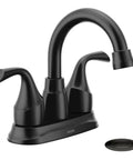 Top Shelf Matte Black Two Handle Centerset Bathroom Sink Faucet With Premium Drain Assembly For Quick Four Inch Setup showing faucet side view.