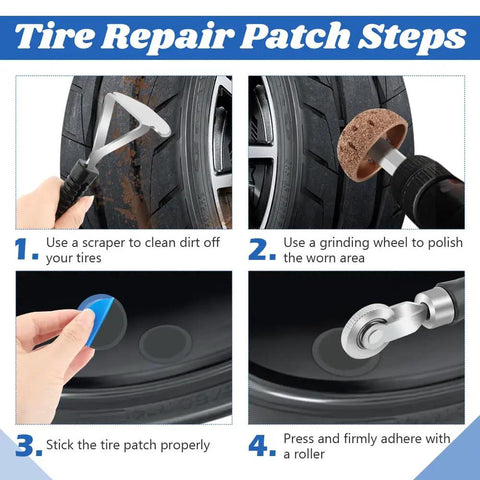 Heavy Duty Tire Repair Patch Kit 33 Piece Tool Set Includes Tungsten Buffing Wheel Roller and Scraper for Quick Back On The Road Fixes to Heal Car Punctures Without the Garage Headaches or Fat Wallet Pain Tonight, steps for tire repair.