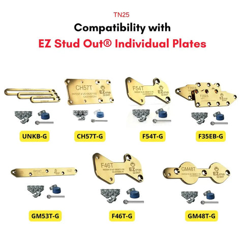 Battle Tested Thin Nuts For 8Mm Stud Extraction, Pack Of 25, showing compatibility with EZ Stud Out® individual plates and components.