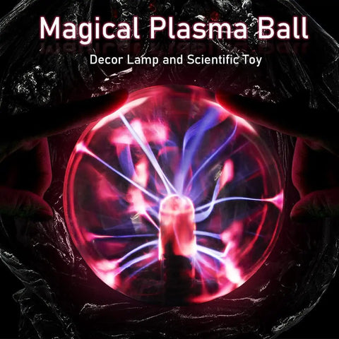 Dragon Plasma Ball Touch Sensitive USB Powered Globe With Purple Red Lightning That Trails Your Fingers, Air Ion Glow, Perfect Gift For Teens And Boys with glowing red and purple lightning trailing fingertips in a dark setting.