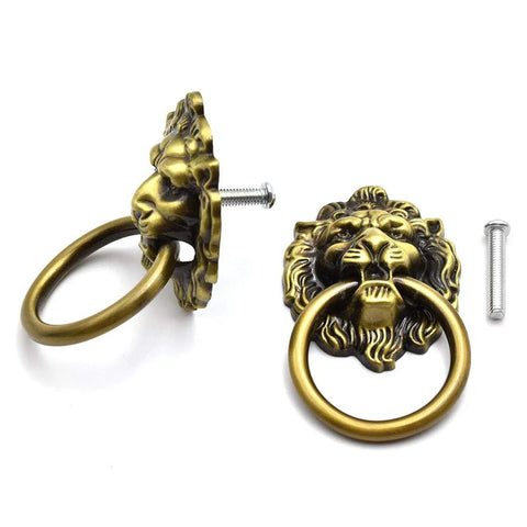 Antique Bronze Lion Head Knob Pull Handle Set Includes 2 Zinc Alloy Drawer Pulls With Mounting Screws For Cabinet Dresser And Door 2.64 X 1.57 Inches Ring Diameter 1.14 Inches Easy To Install