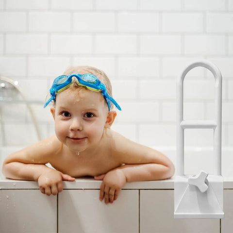 Child in bath with Bathtub Safety Rail With Adjustable Clamp And Grasp Handle For Easy Entry And Exit Heavy Duty Stainless Steel