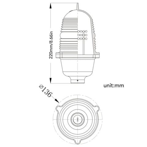 Technical drawing of Tower Adjustable Obstruction Light With Flashing AC110V, dimensions 220mm height, 136mm diameter.