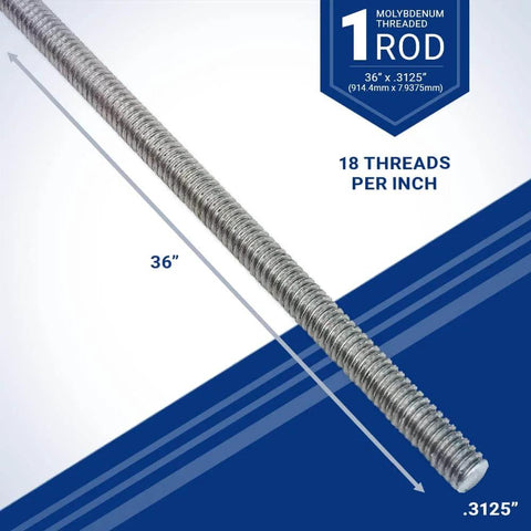 Durable Molybdenum Rod, 36 Inches Long, Five Sixteenths Inch Diameter, Eighteen Threads Per Inch, Industrial Grade, Corrosion Resistant
