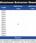 Aluminum Extrusion Sheet Comparison Chart showing 4040 and 4080 series T-slot lengths, highlighting 600mm size for 4Pack 4040 T Slot Aluminum Extrusion 600mm Black 40x40 Anodized European Standard Framing For DIY 3D Printer Builds And CNC Projects Heavy Duty T Slot Rails For Quick Easy Assembly.