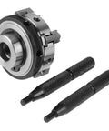 Top Shelf 4 Jaw Reversible Self Centering Lathe Chuck With M14 Thread Mount, includes two black knurled handles for use.
