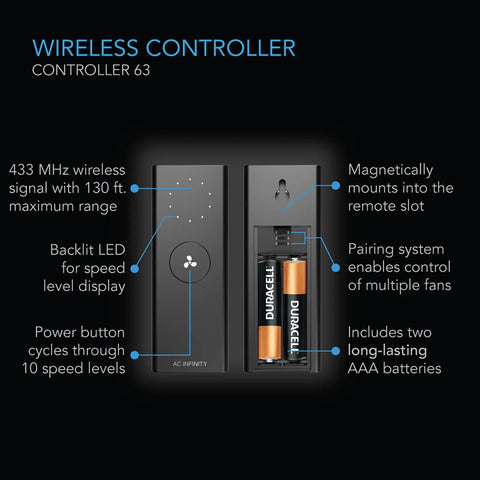 Wireless controller for 12-Inch Industrial Wall and Floor Fan with 10-speed levels and 433 MHz signal, includes batteries.