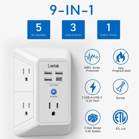 5 Outlet Extender With Four USB Ports And One USB C Port, 3 Sided 1680 Joules Surge Protector Power Strip USB Wall Charger