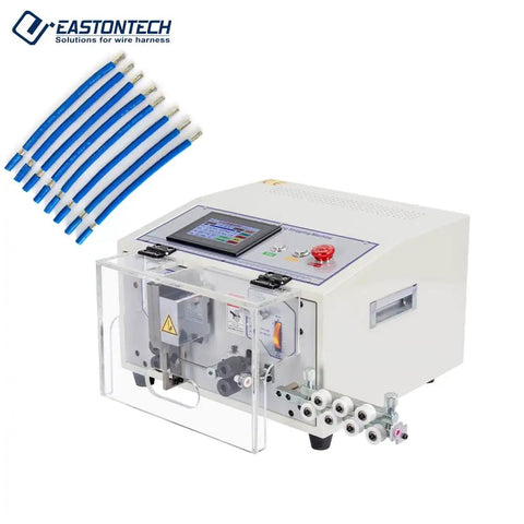 Automatic Cable Wire Cutting And Stripping Machine with touch screen showing interface, suitable for AWG 11-32 wires.