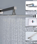 Brushed Nickel Shower System With 10 Inch Rainfall Shower Head And Handheld Wall Mounted Shower Combo Set Premium Metal Construction Corrosion Resistant Brass Blend Easy Install Durable Faucets Kit For Spa Like Rain Experience showcasing water flow and component details