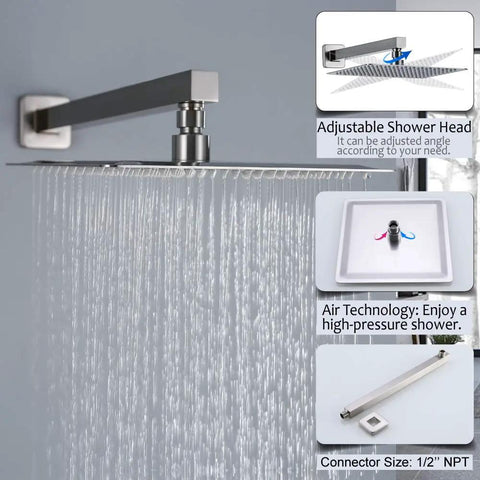 Brushed Nickel Shower System With 10 Inch Rainfall Shower Head And Handheld Wall Mounted Shower Combo Set Premium Metal Construction Corrosion Resistant Brass Blend Easy Install Durable Faucets Kit For Spa Like Rain Experience showcasing water flow and component details