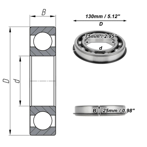 Diagram of Deep Groove Ball Bearing 6215NR 75x130x25mm P5 Open Type Lubricated Wheel Bearing showing dimensions and cross-section view.