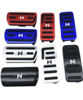 Nine colorful aluminum pedal covers with rubber grips for Honda N-Box, showcasing front view. Includes Stainless Steel Non Slip Foot Pedal Covers For Honda N Box NBox JF1 JF2 JF3 2012 2022 Gas Accelerator And Brake Pedals Kit In Tiger Sunny Brown Finish Right Hand Only Easy No Drill Installation Durable Aluminum Alloy.