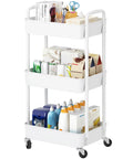Three Tier Rolling Cart With Wheels For Kitchen Bathroom Laundry Storage, All Purpose Utility Organizer On Wheels in white