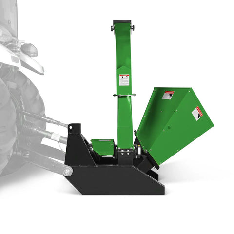 Side view of green 4 Inch PTO Powered 3 Point Wood Chipper Shredder Mulcher Attachment For Tractors Up To 45HP With PTO Shaft Included BX42S