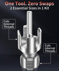 Close-up of Alinmesh Hc Steel Pvc Pipe Threader Kit 1/2 Inch And 3/4 Inch with drill adapter cutting internal and external threads.